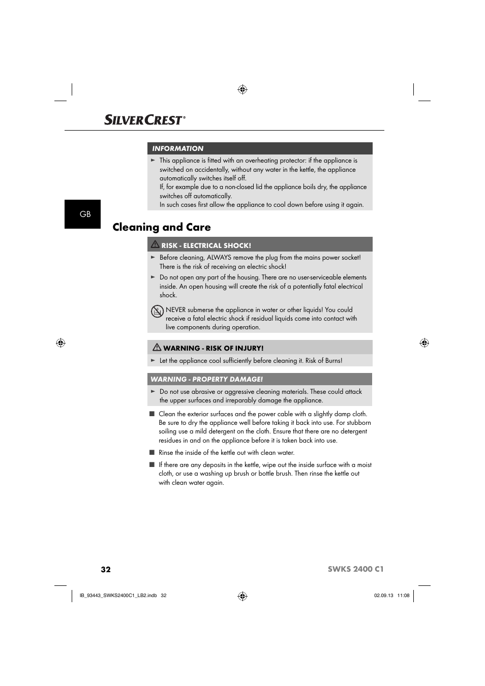 Cleaning and care | Silvercrest SWKS 2400 C1 User Manual | Page 35 / 39