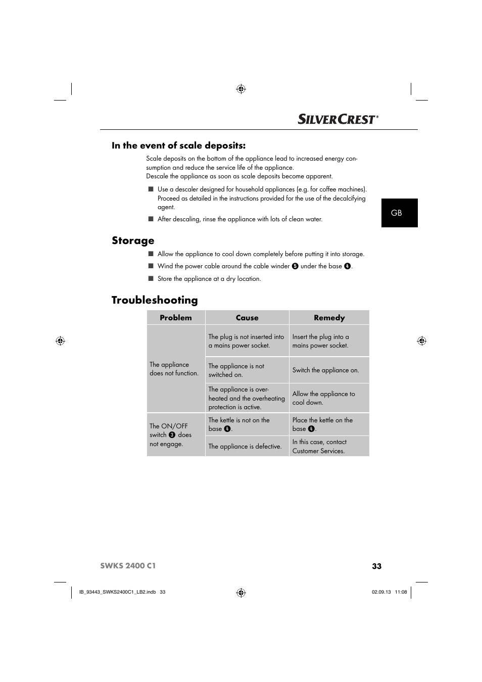 Storage, Troubleshooting | Silvercrest SWKS 2400 C1 User Manual | Page 36 / 39