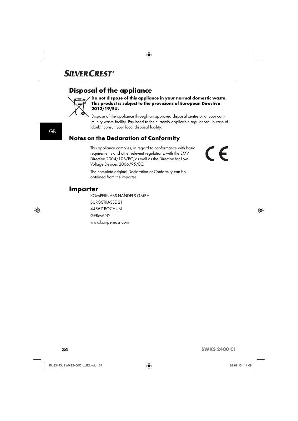 Disposal of the appliance, Importer | Silvercrest SWKS 2400 C1 User Manual | Page 37 / 39