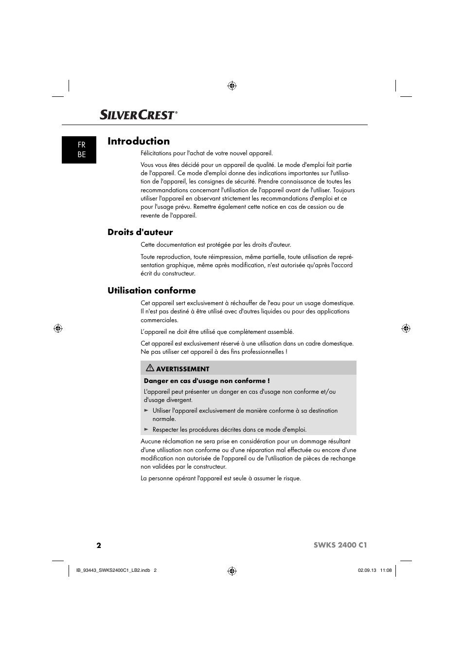 Introduction, Droits d'auteur, Utilisation conforme | Fr be | Silvercrest SWKS 2400 C1 User Manual | Page 5 / 39