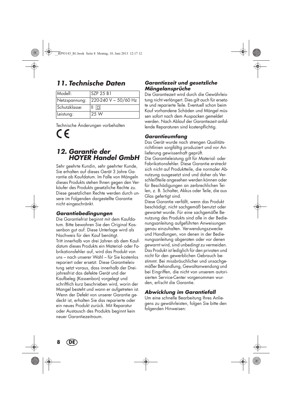 Technische daten, Garantie der hoyerhandel gmbh | Silvercrest SZP 25 B1 User Manual | Page 10 / 46