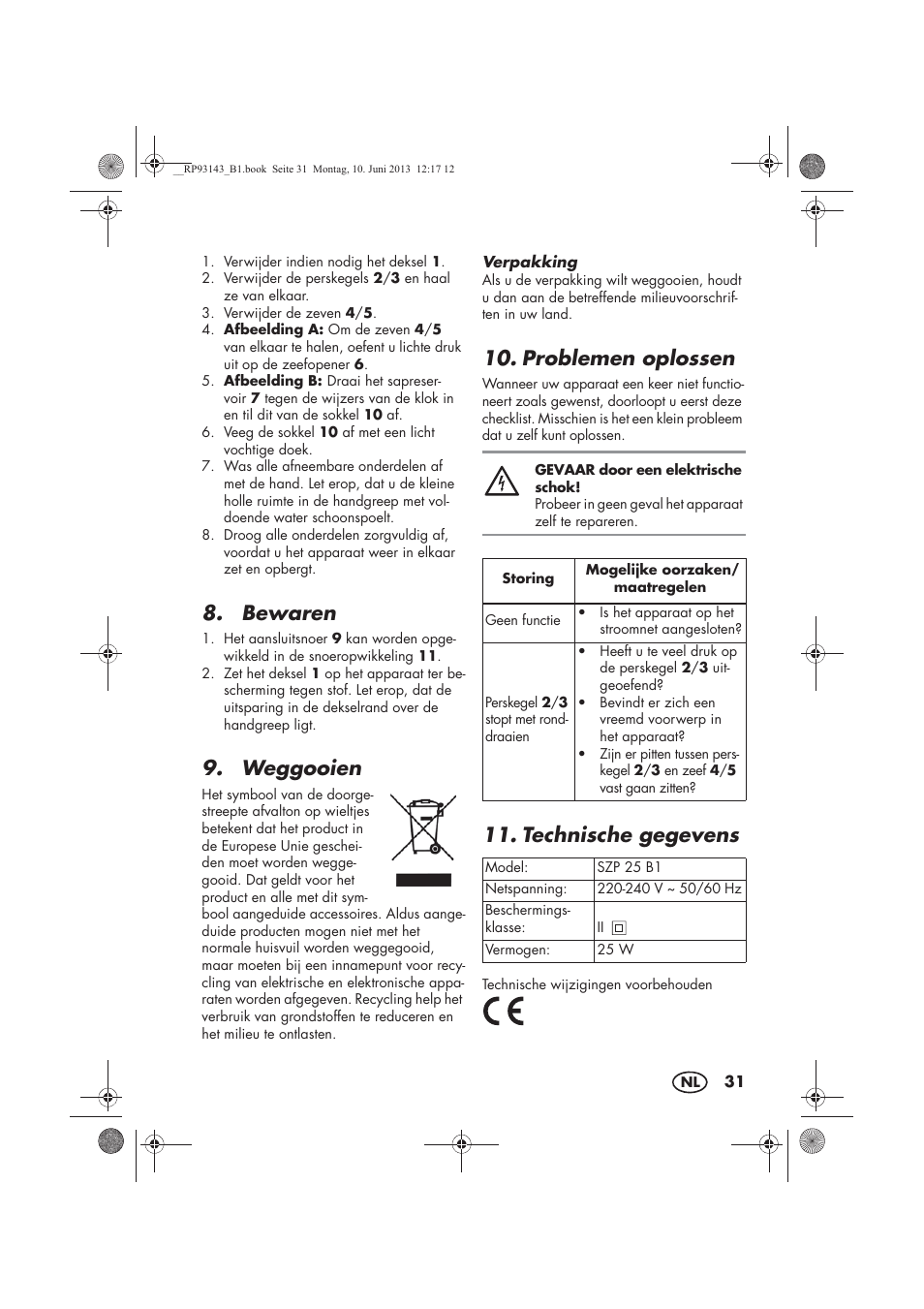 Bewaren, Weggooien, Problemen oplossen | Technische gegevens | Silvercrest SZP 25 B1 User Manual | Page 33 / 46