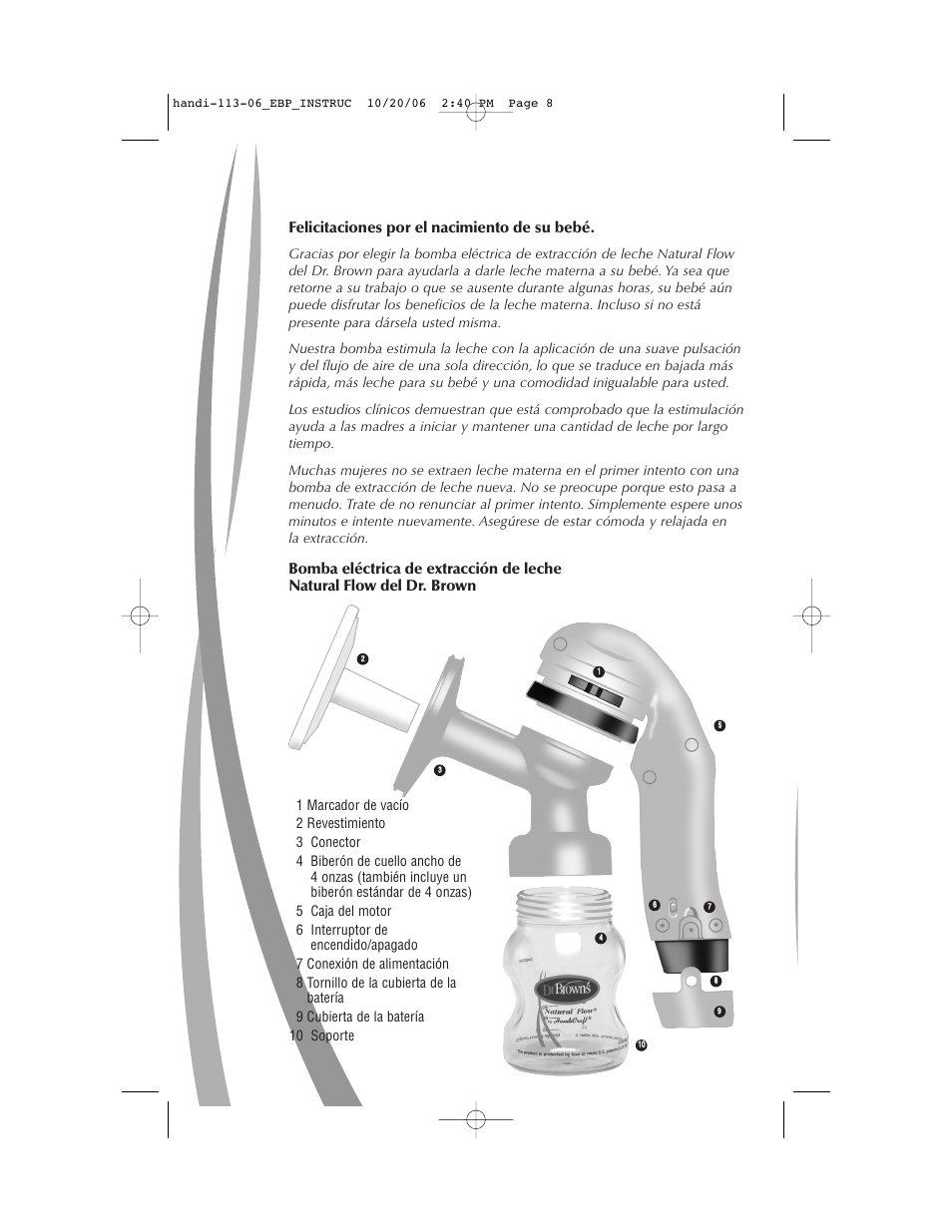 Felicitaciones por el nacimiento de su bebé | Dr. Brown's Electric Breast Pump User Manual | Page 8 / 12