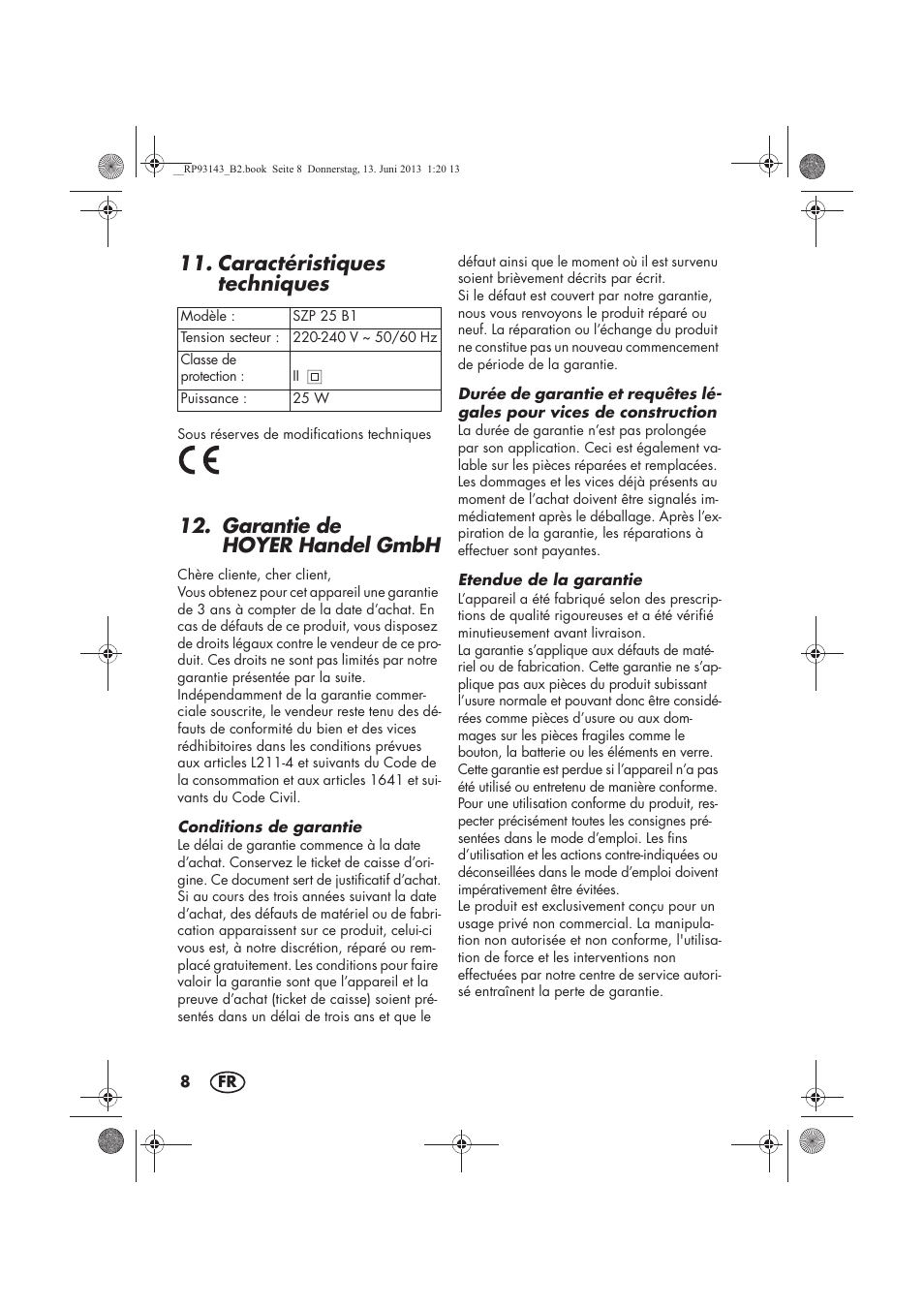 Caractéristiques techniques, Garantie de hoyer handel gmbh | Silvercrest SZP 25 B1 User Manual | Page 10 / 38