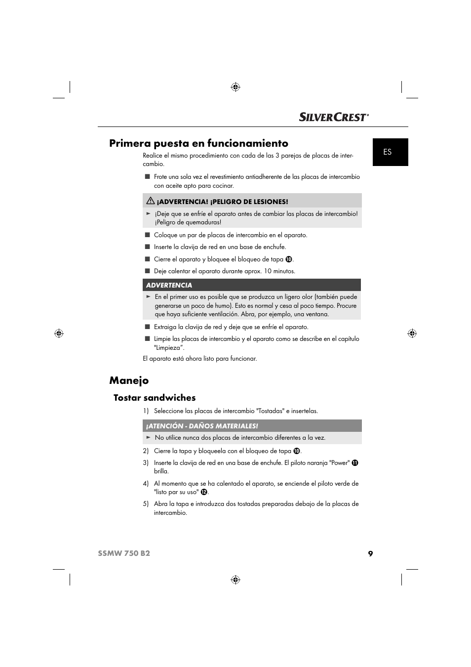 Primera puesta en funcionamiento, Manejo, Tostar sandwiches | Silvercrest SSMW 750 B2 User Manual | Page 12 / 94