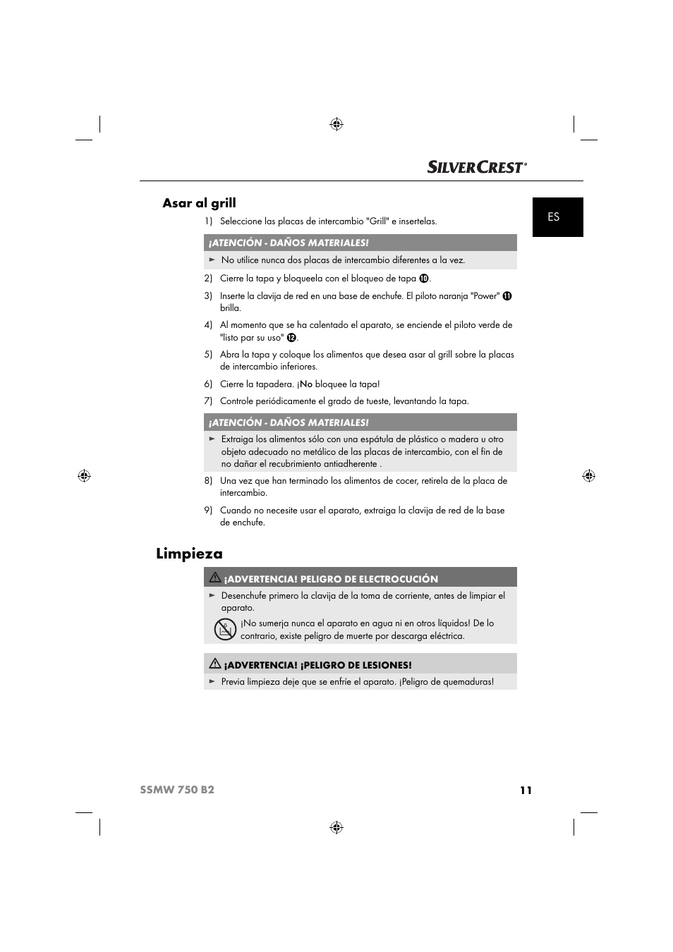 Limpieza, Asar al grill | Silvercrest SSMW 750 B2 User Manual | Page 14 / 94