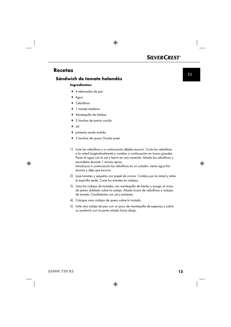 Recetas, Sándwich de tomate holandés | Silvercrest SSMW 750 B2 User Manual | Page 16 / 94