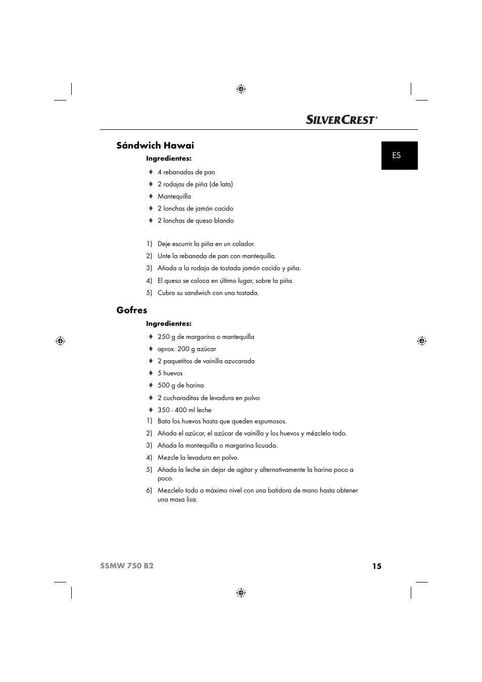 Sándwich hawai, Gofres | Silvercrest SSMW 750 B2 User Manual | Page 18 / 94