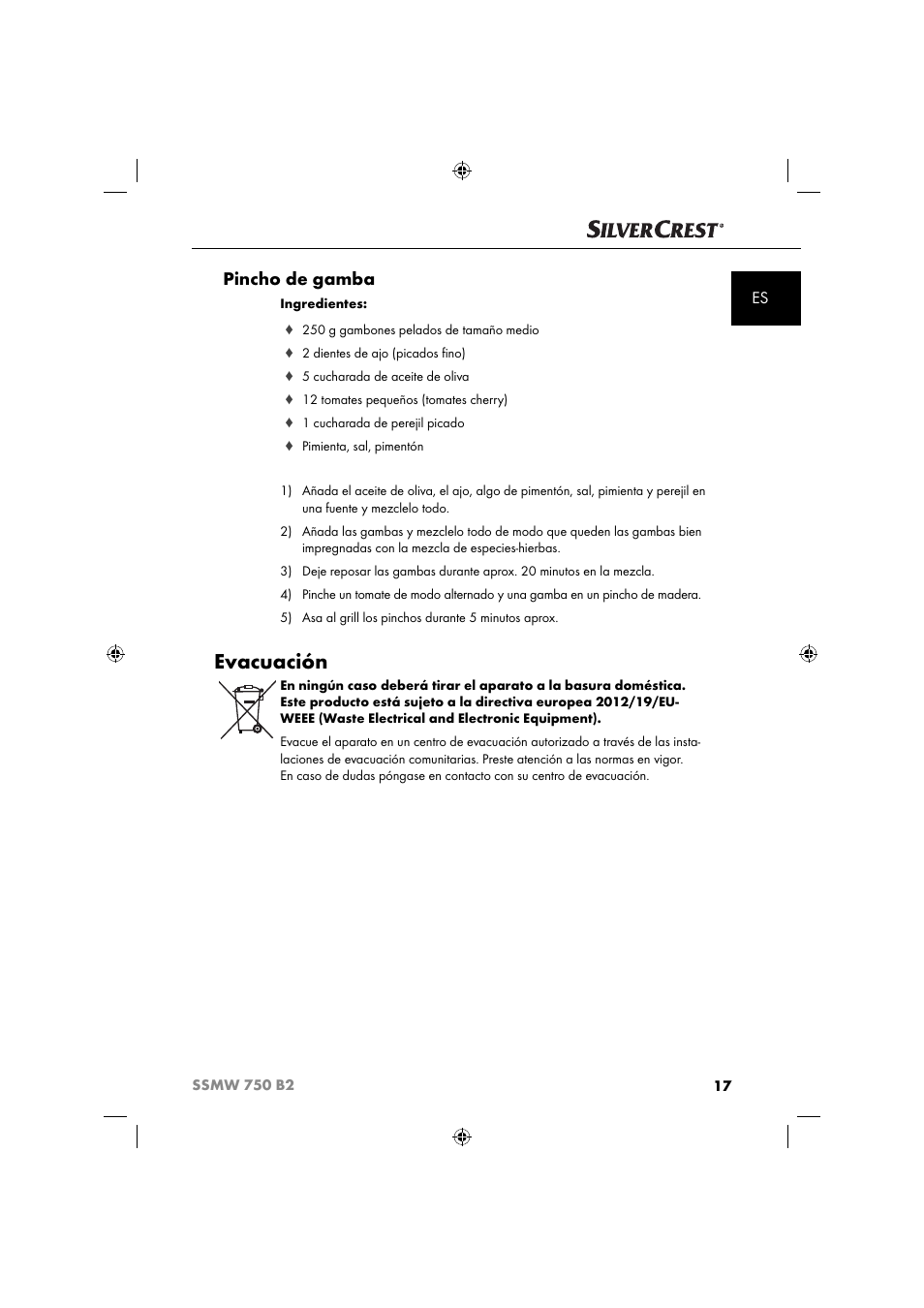 Evacuación, Pincho de gamba | Silvercrest SSMW 750 B2 User Manual | Page 20 / 94