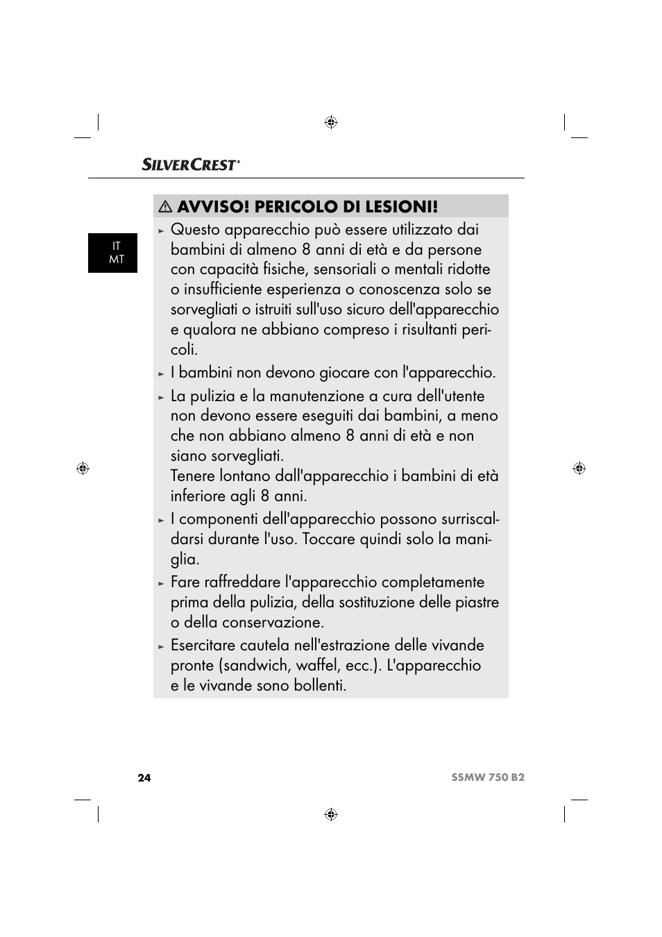 Avviso! pericolo di lesioni, I bambini non devono giocare con l'apparecchio | Silvercrest SSMW 750 B2 User Manual | Page 27 / 94