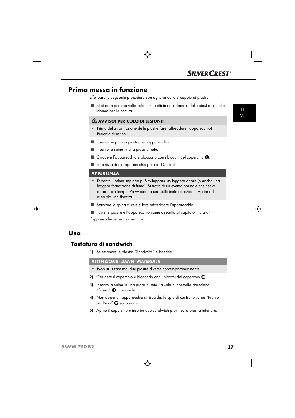 Prima messa in funzione, Tostatura di sandwich, It mt | Silvercrest SSMW 750 B2 User Manual | Page 30 / 94