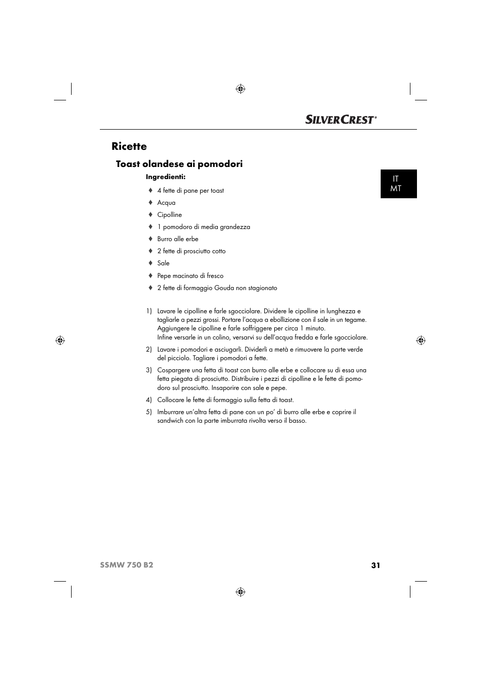 Ricette, Toast olandese ai pomodori, It mt | Silvercrest SSMW 750 B2 User Manual | Page 34 / 94