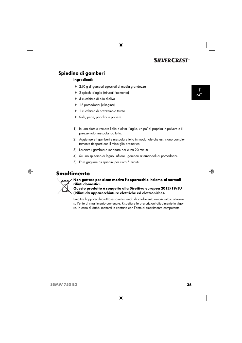 Smaltimento, Spiedino di gamberi, It mt | Silvercrest SSMW 750 B2 User Manual | Page 38 / 94