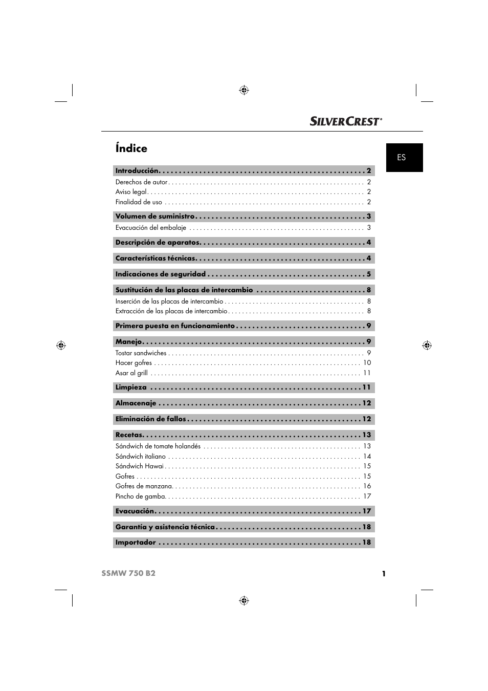 Índice | Silvercrest SSMW 750 B2 User Manual | Page 4 / 94