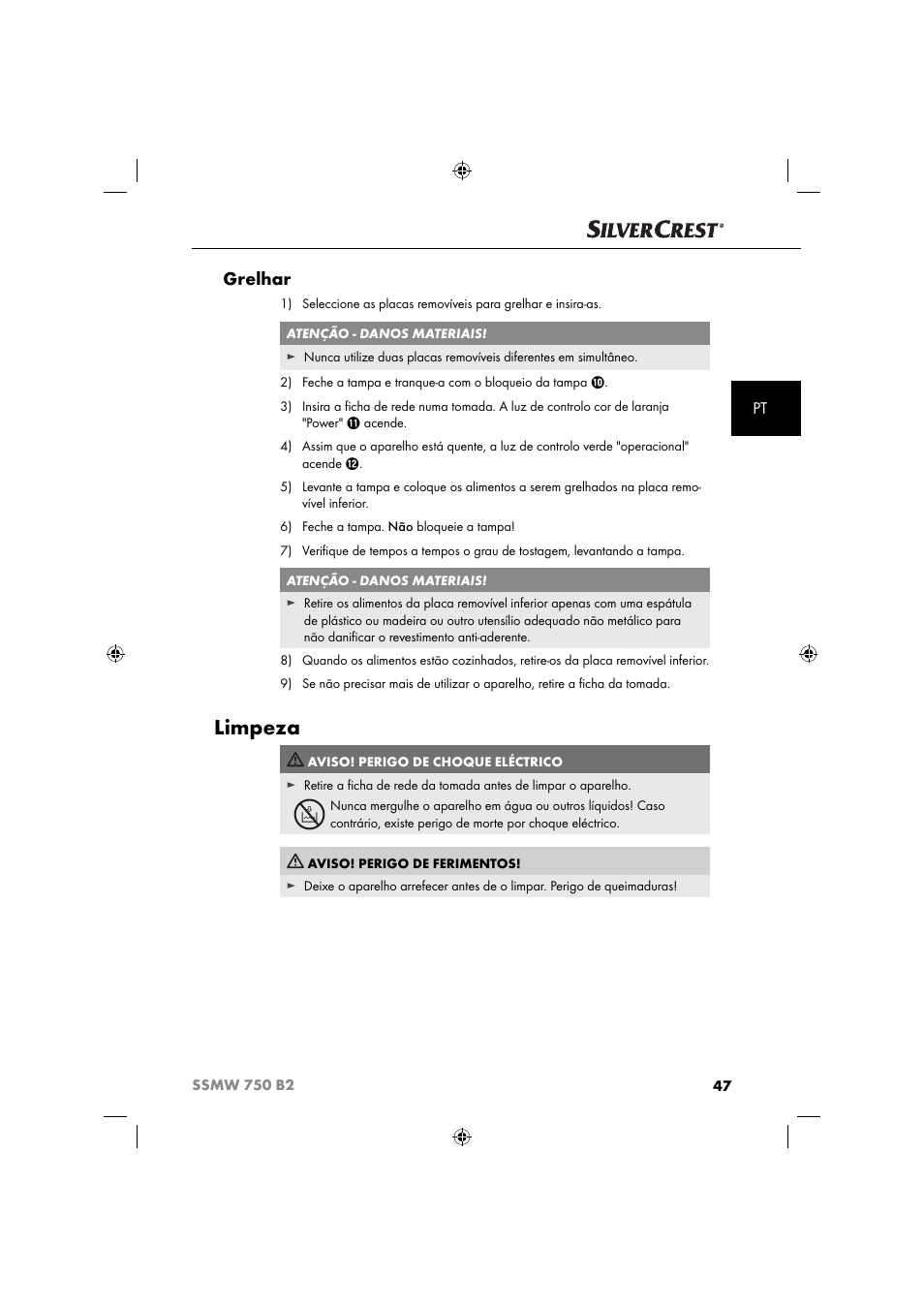 Limpeza, Grelhar | Silvercrest SSMW 750 B2 User Manual | Page 50 / 94