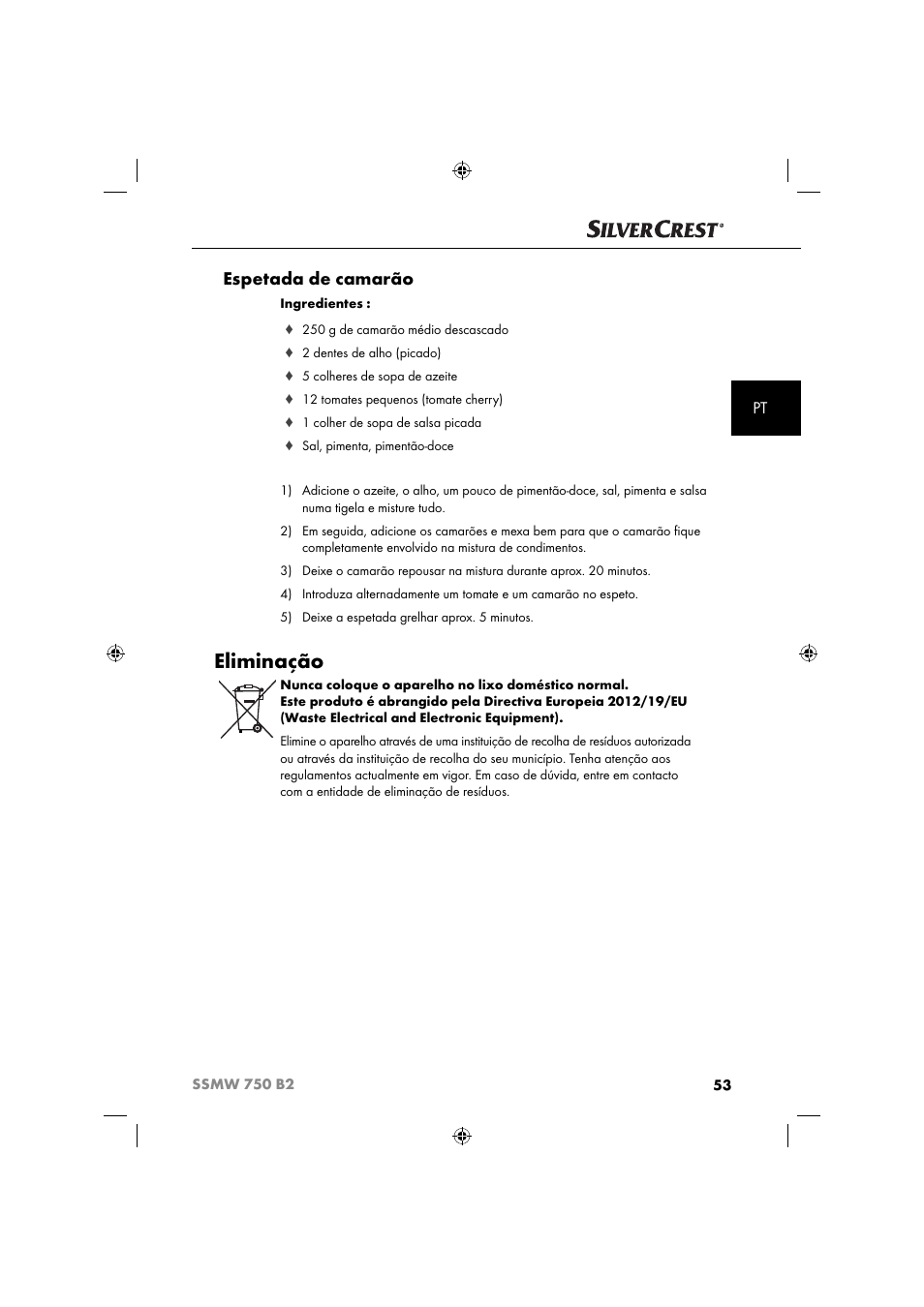 Eliminação, Espetada de camarão | Silvercrest SSMW 750 B2 User Manual | Page 56 / 94