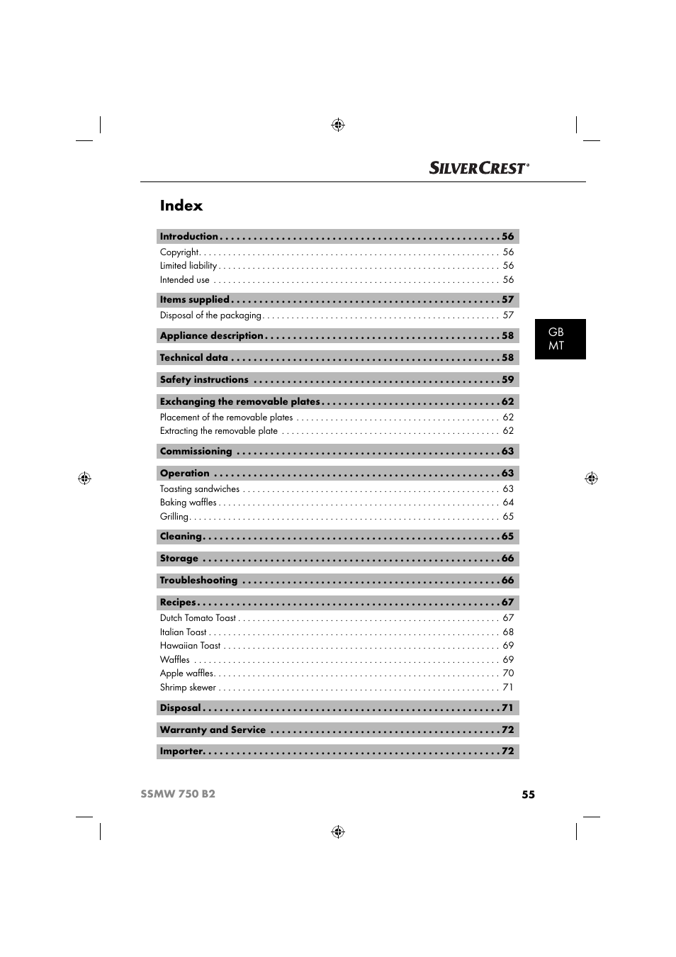 Index, Gb mt | Silvercrest SSMW 750 B2 User Manual | Page 58 / 94