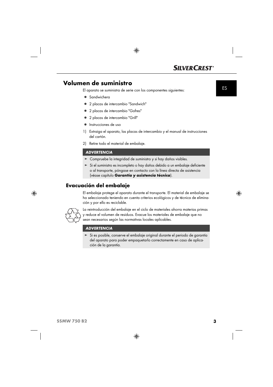 Volumen de suministro, Evacuación del embalaje | Silvercrest SSMW 750 B2 User Manual | Page 6 / 94