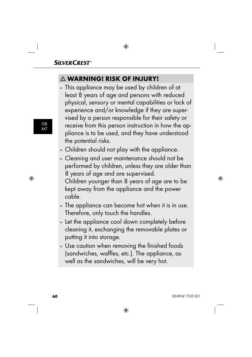 Warning! risk of injury, Children should not play with the appliance | Silvercrest SSMW 750 B2 User Manual | Page 63 / 94