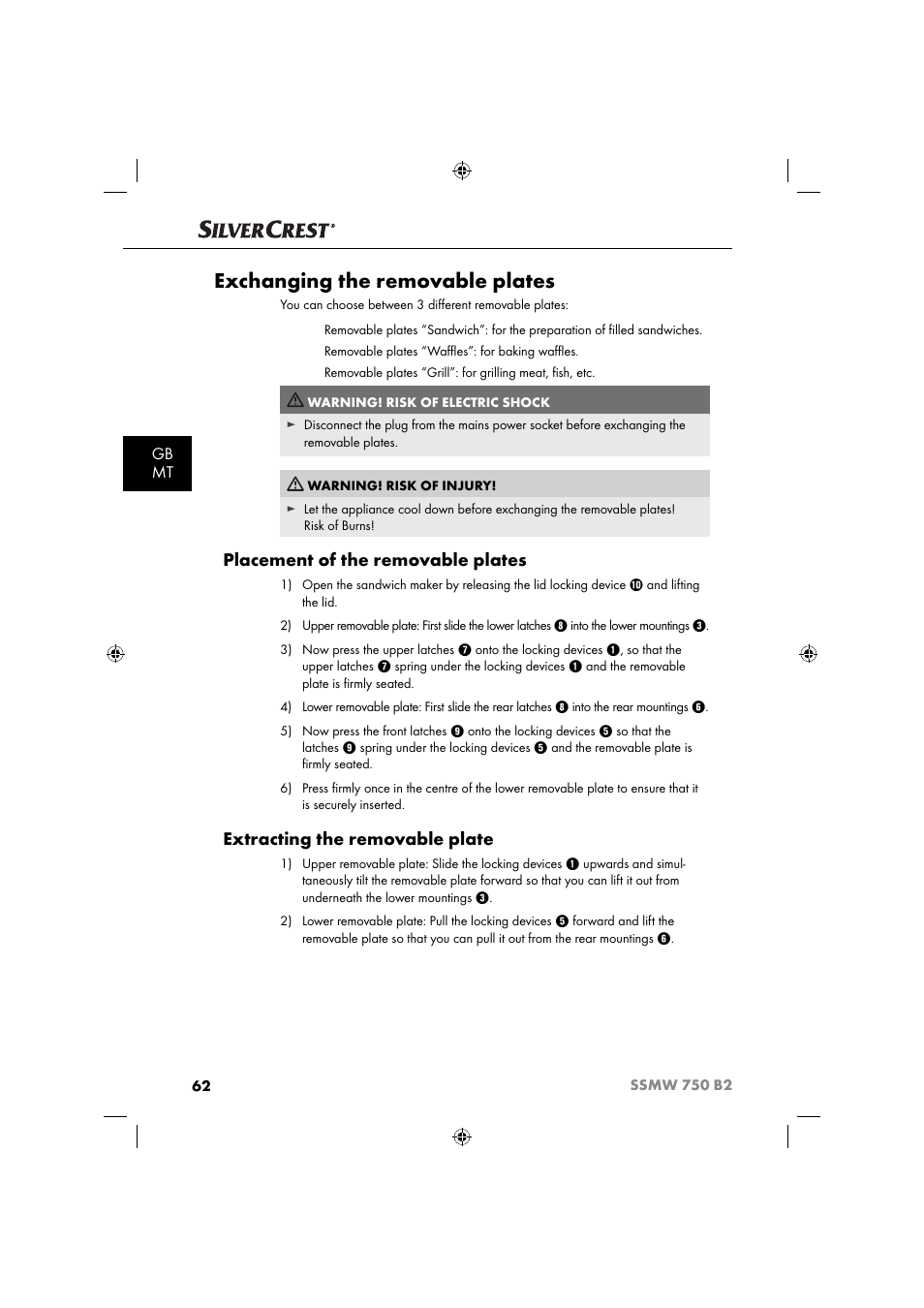 Exchanging the removable plates, Placement of the removable plates, Extracting the removable plate | Gb mt | Silvercrest SSMW 750 B2 User Manual | Page 65 / 94