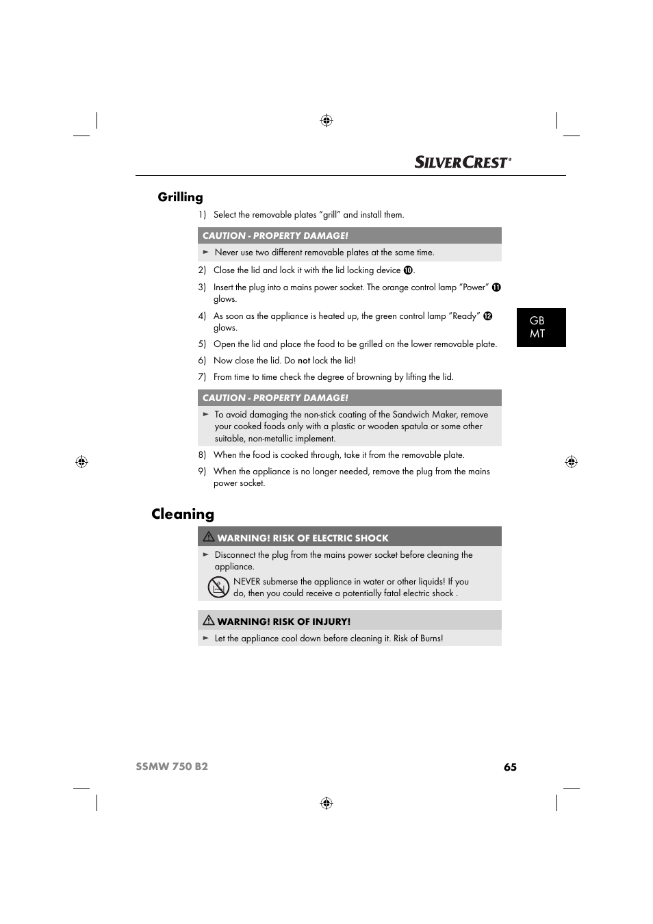 Cleaning, Grilling, Gb mt | Silvercrest SSMW 750 B2 User Manual | Page 68 / 94