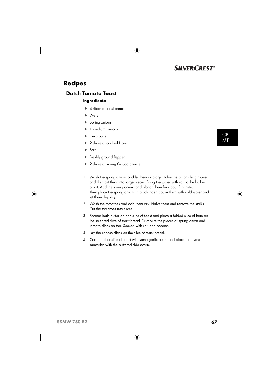 Recipes, Dutch tomato toast, Gb mt | Silvercrest SSMW 750 B2 User Manual | Page 70 / 94