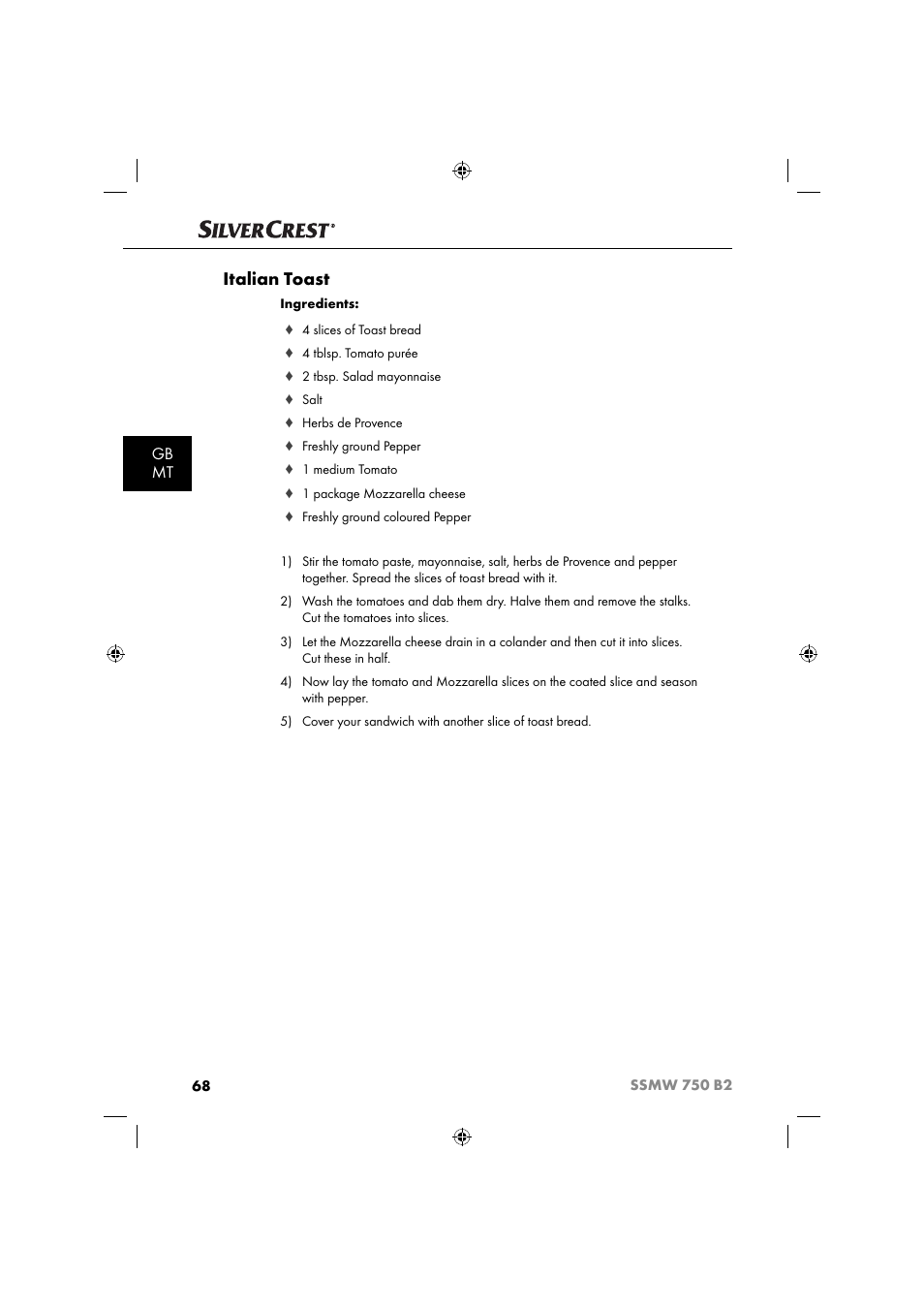 Italian toast, Gb mt | Silvercrest SSMW 750 B2 User Manual | Page 71 / 94