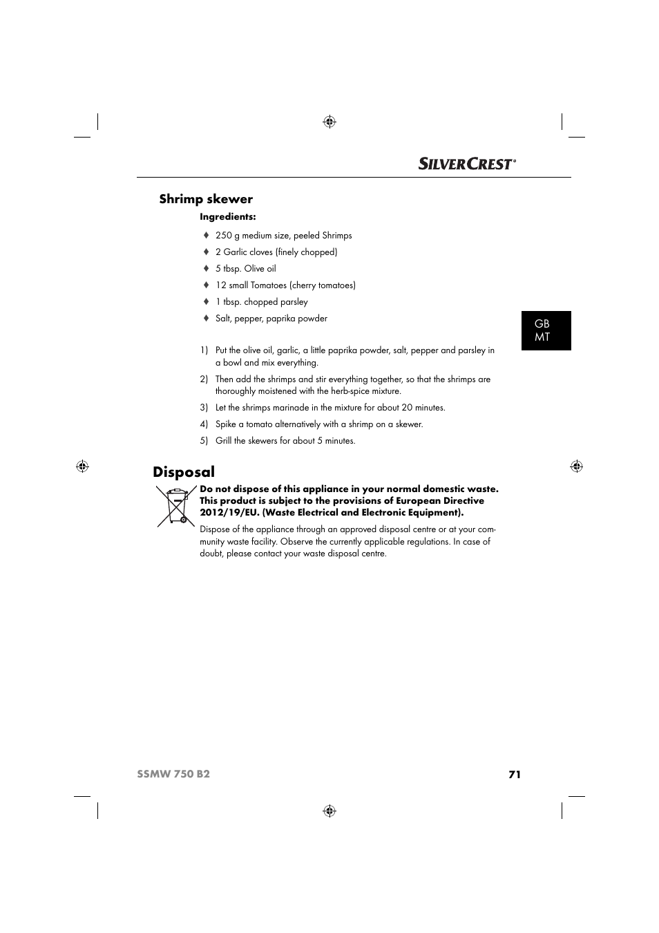 Disposal, Shrimp skewer, Gb mt | Silvercrest SSMW 750 B2 User Manual | Page 74 / 94