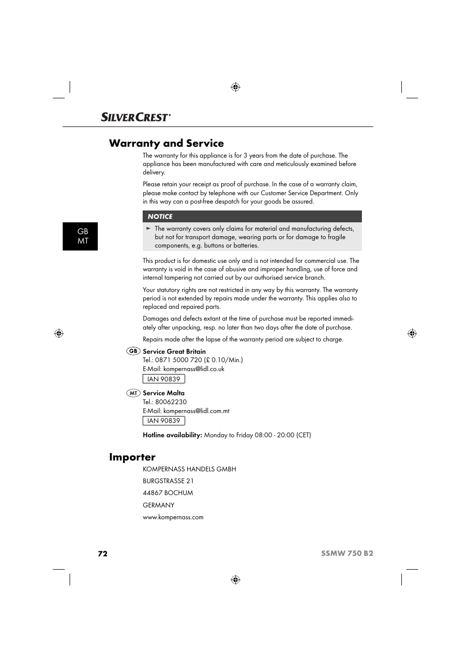 Warranty and service, Importer, Gb mt | Silvercrest SSMW 750 B2 User Manual | Page 75 / 94