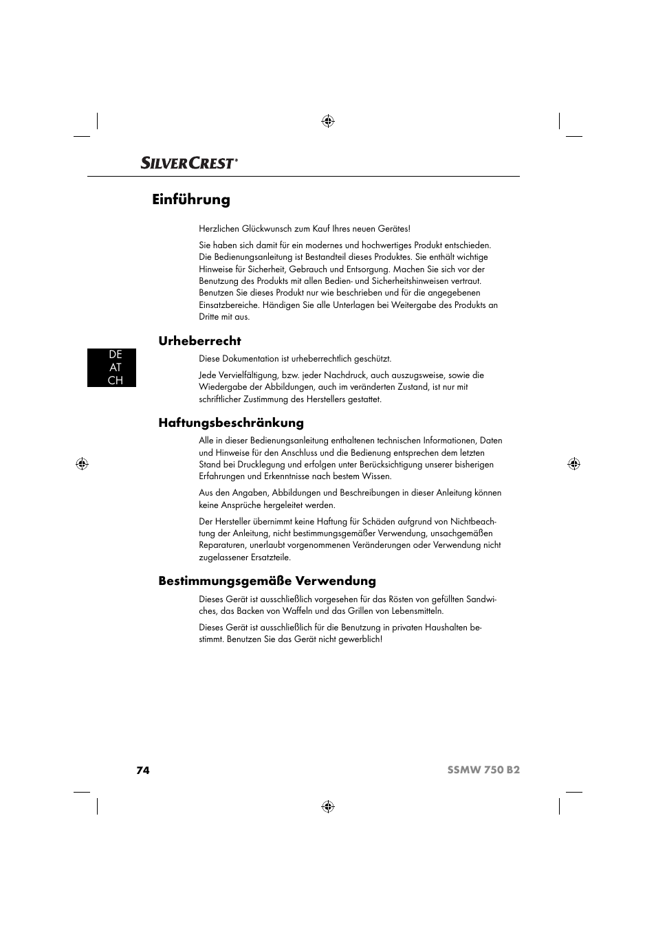 Einführung, Urheberrecht, Haftungsbeschränkung | Bestimmungsgemäße verwendung, De at ch | Silvercrest SSMW 750 B2 User Manual | Page 77 / 94