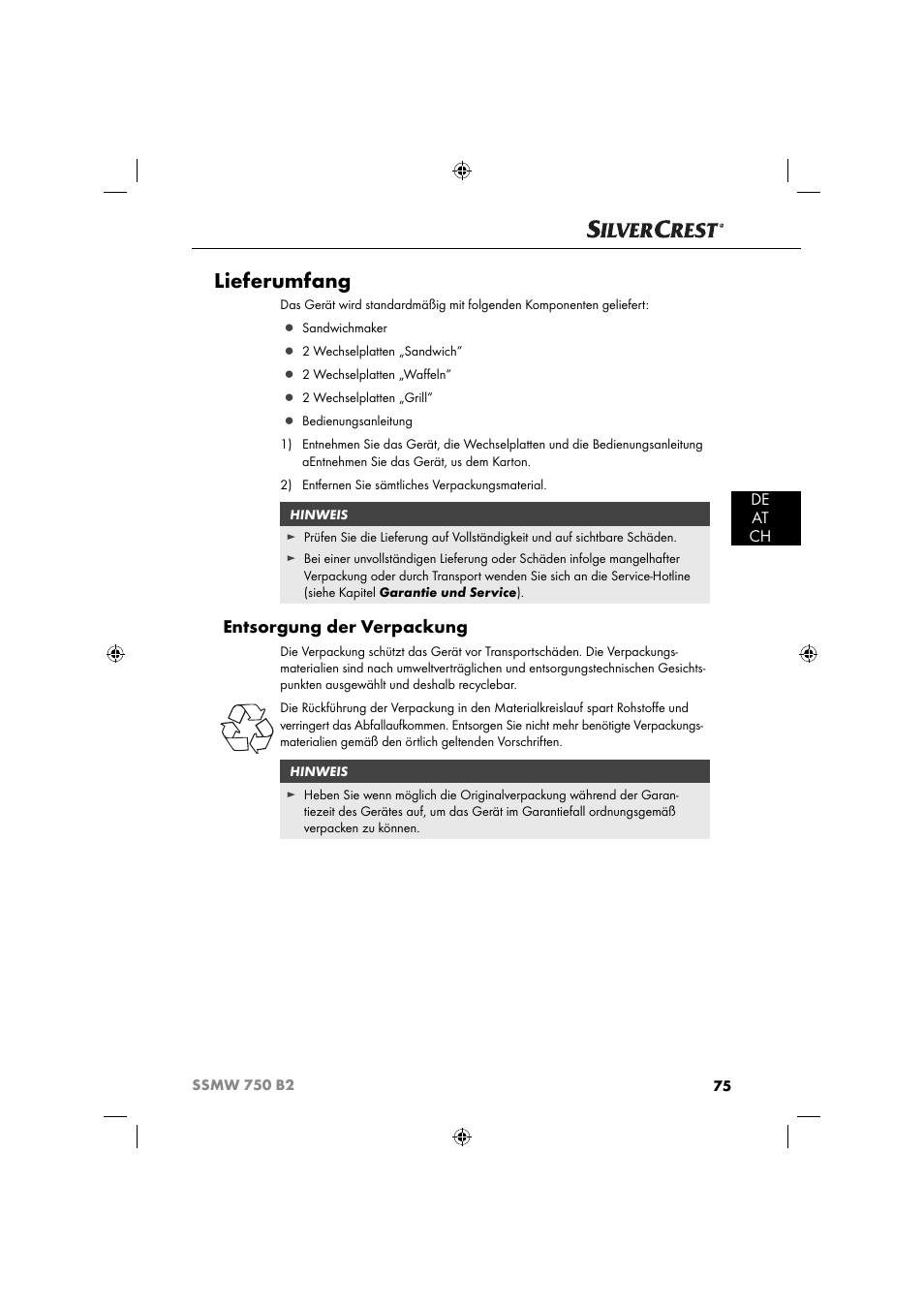 Lieferumfang, Entsorgung der verpackung, De at ch | Silvercrest SSMW 750 B2 User Manual | Page 78 / 94