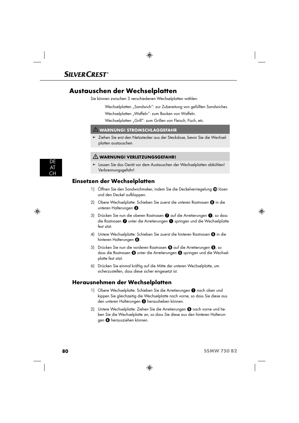 Austauschen der wechselplatten, Einsetzen der wechselplatten, Herausnehmen der wechselplatten | De at ch | Silvercrest SSMW 750 B2 User Manual | Page 83 / 94