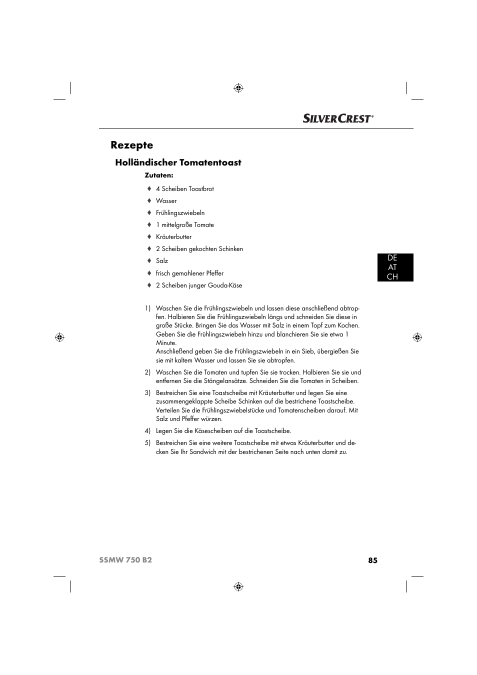 Rezepte, Holländischer tomatentoast, De at ch | Silvercrest SSMW 750 B2 User Manual | Page 88 / 94