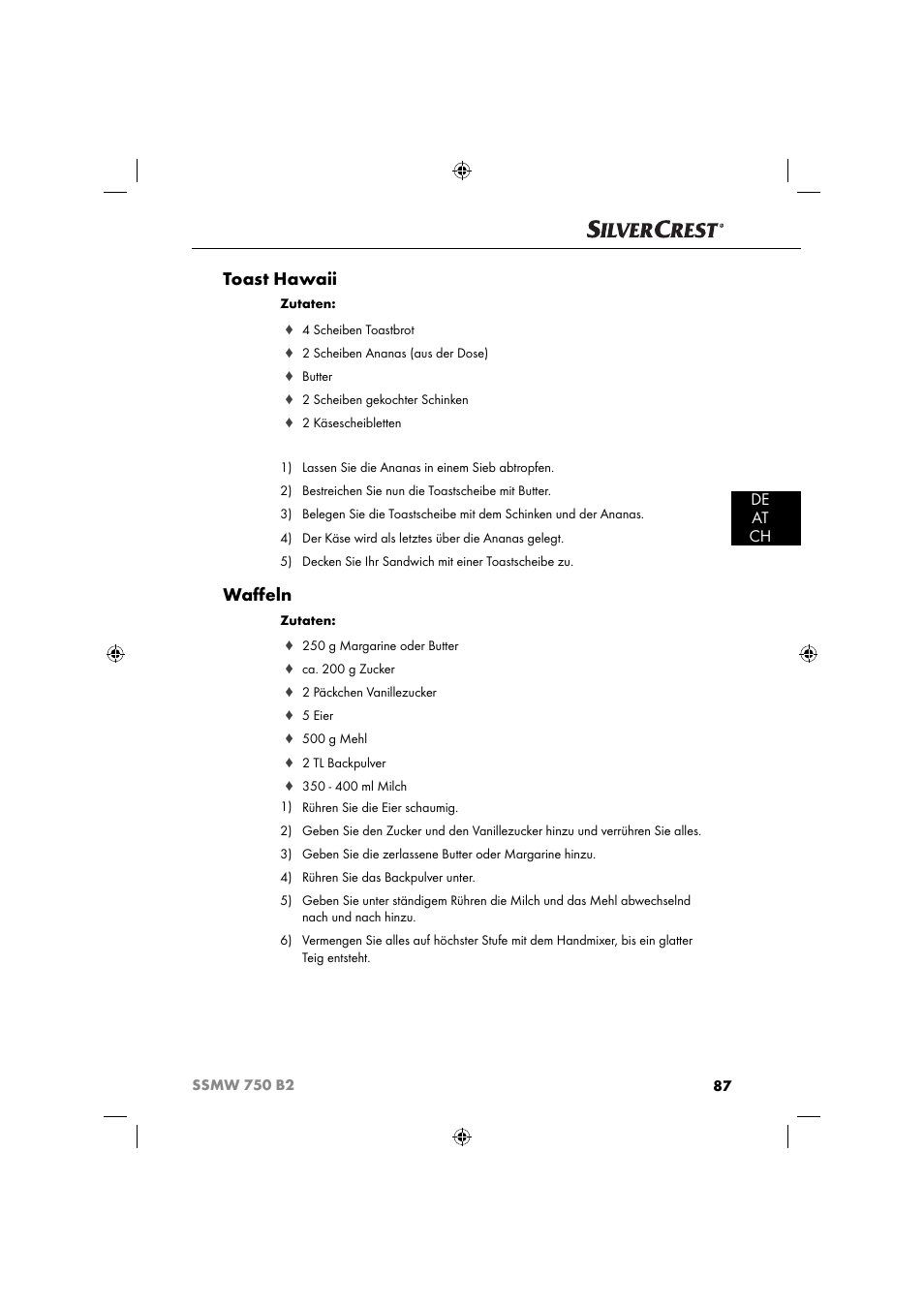 Toast hawaii, Waﬀ eln, De at ch | Silvercrest SSMW 750 B2 User Manual | Page 90 / 94