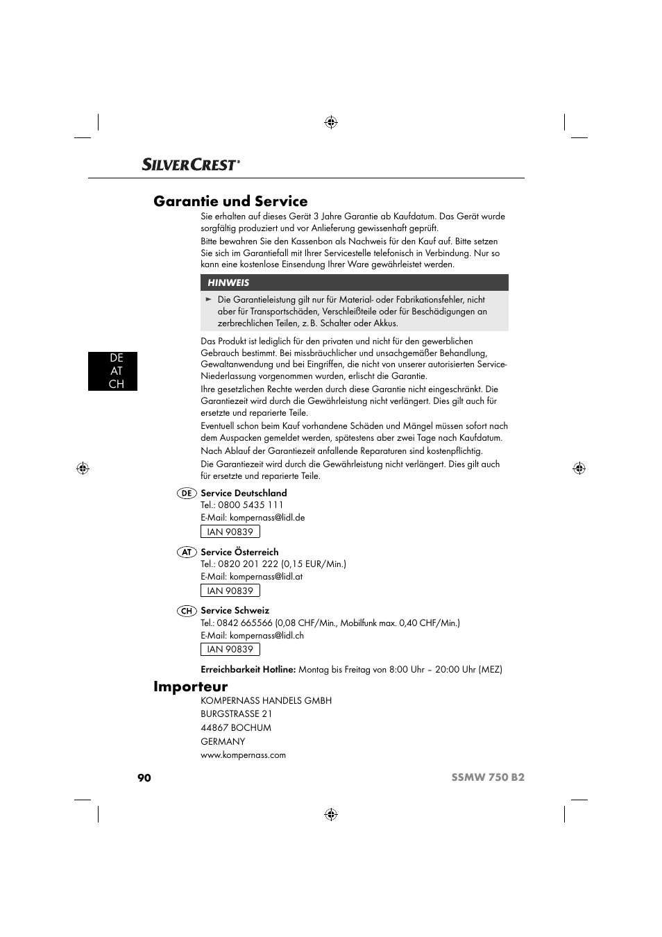 Garantie und service, Importeur, De at ch | Silvercrest SSMW 750 B2 User Manual | Page 93 / 94