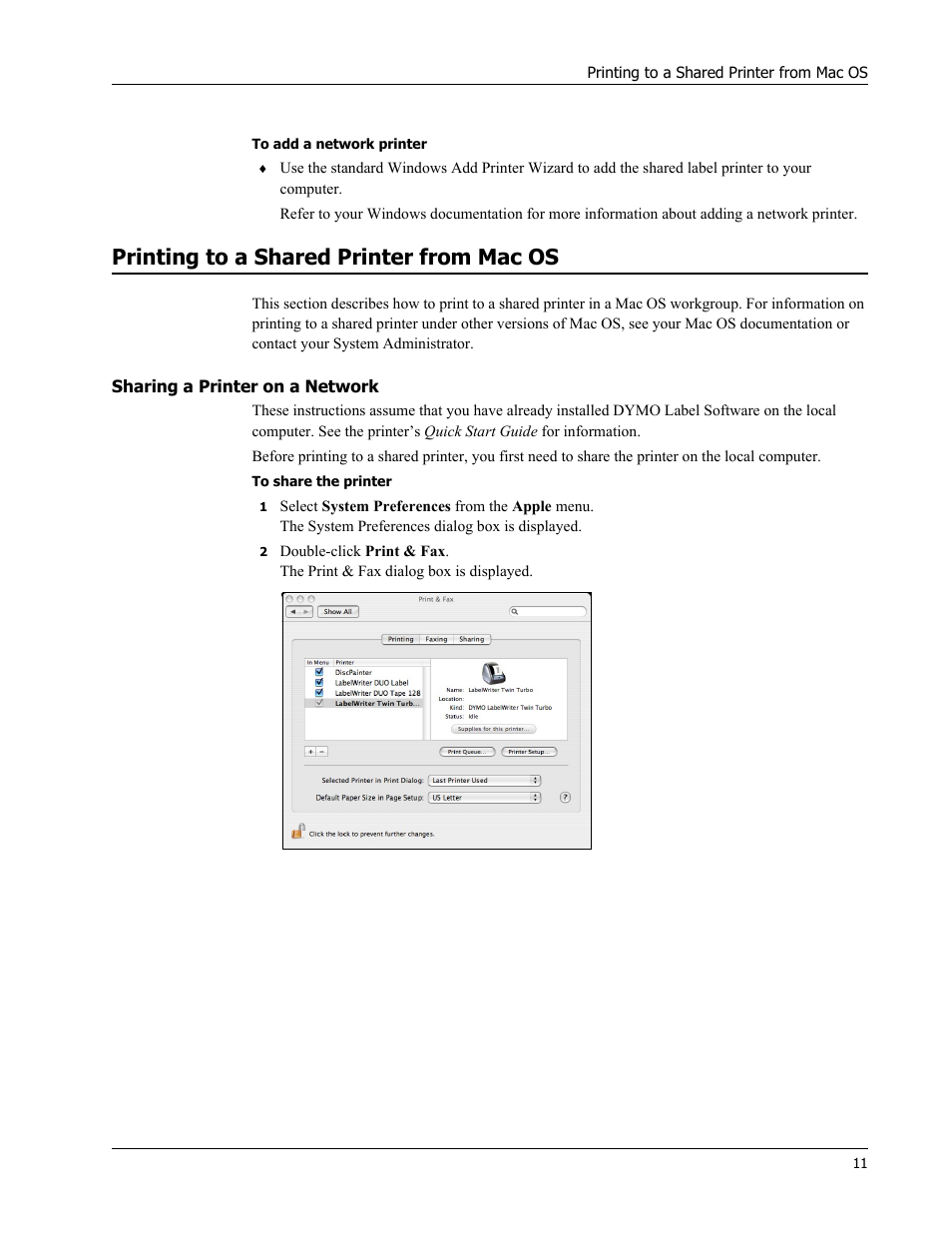 Printing to a shared printer from mac os, Sharing a printer on a network | Dymo 450 DUO User Manual | Page 15 / 28