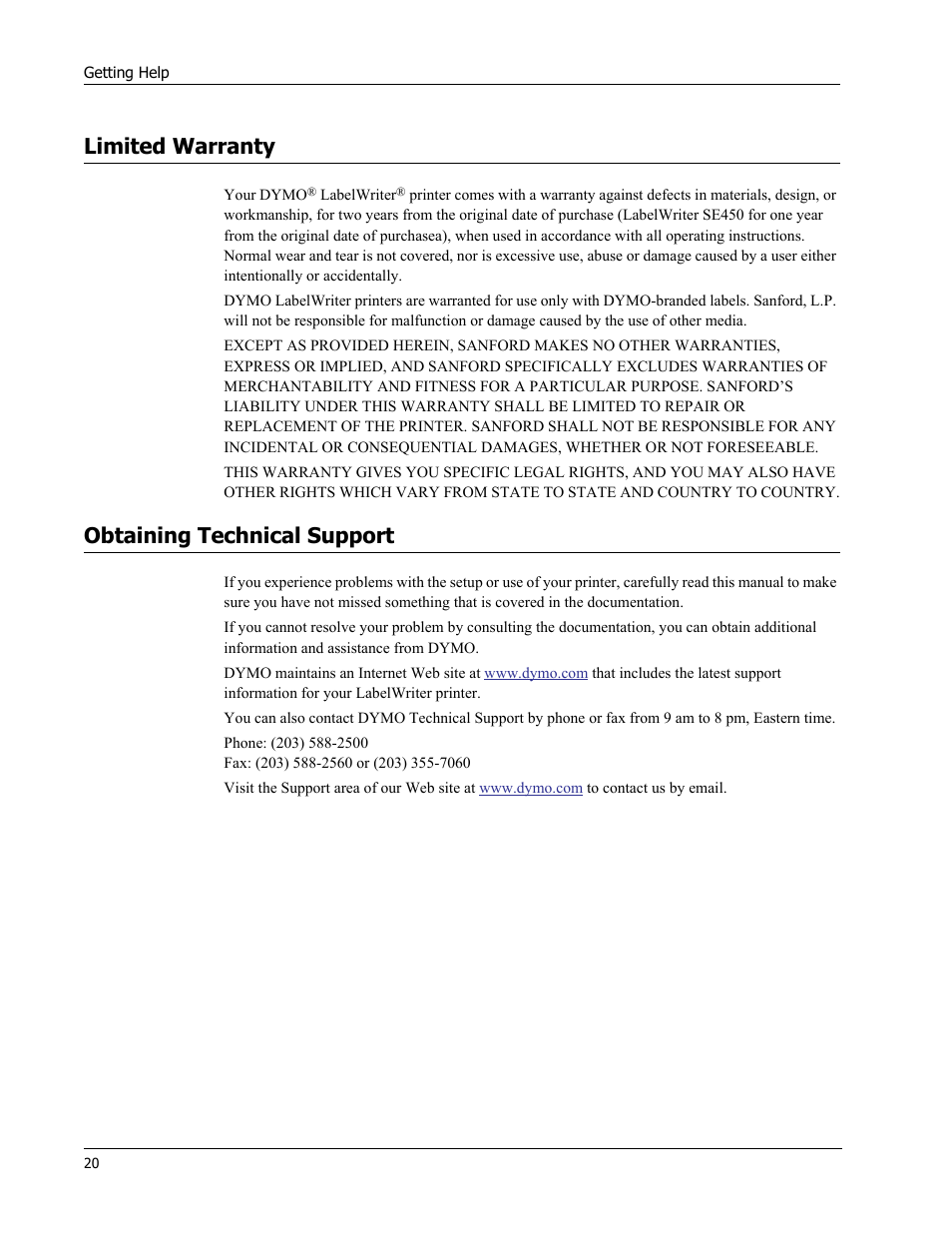 Limited warranty, Obtaining technical support | Dymo 450 DUO User Manual | Page 24 / 28