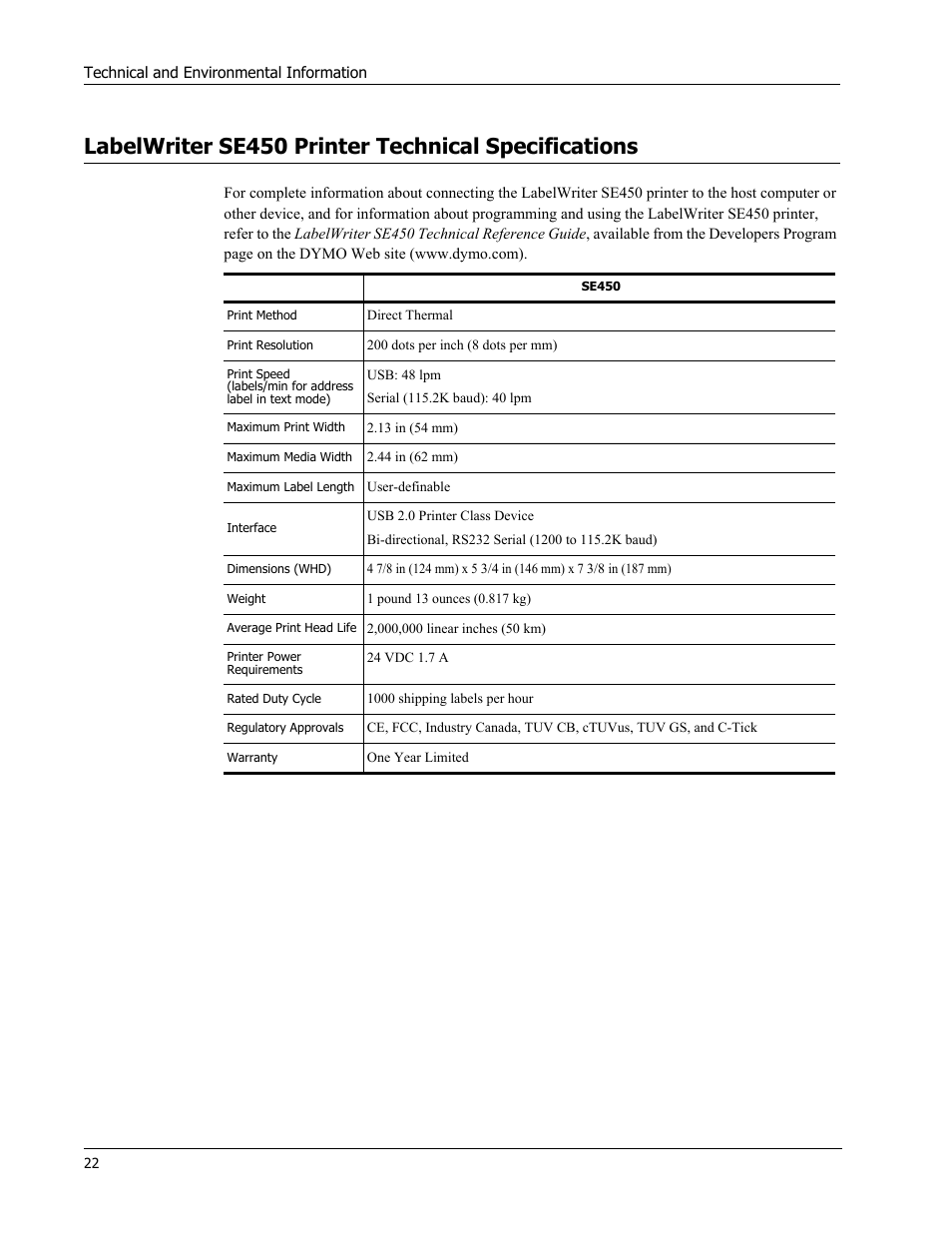 Labelwriter se450 printer technical specifications | Dymo 450 DUO User Manual | Page 26 / 28