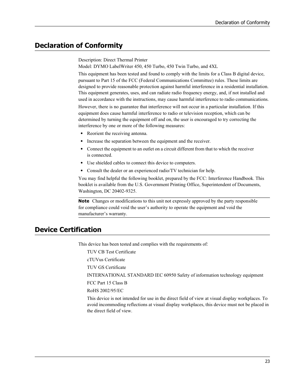 Declaration of conformity, Device certification | Dymo 450 DUO User Manual | Page 27 / 28