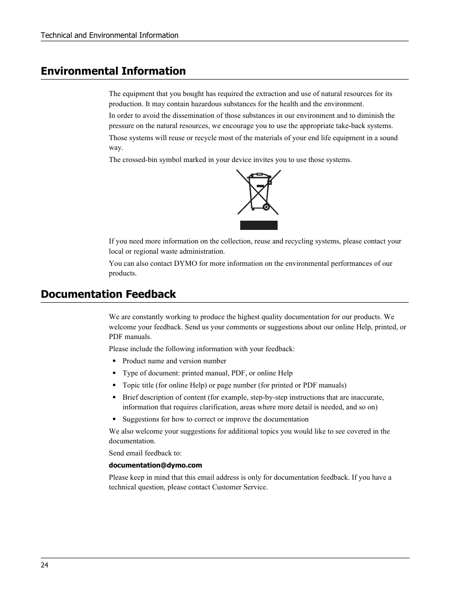 Environmental information, Documentation feedback | Dymo 450 DUO User Manual | Page 28 / 28