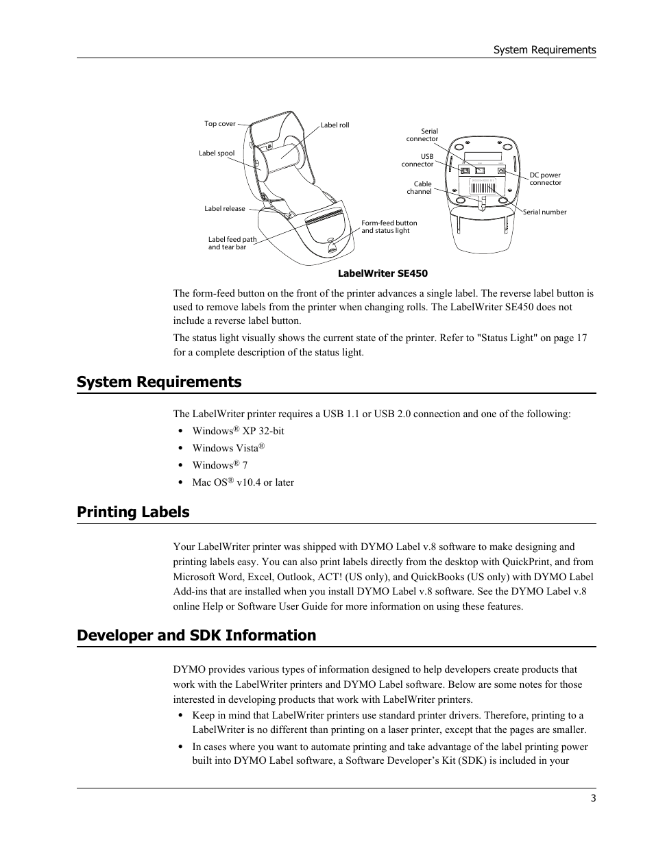 System requirements, Printing labels, Developer and sdk information | Dymo 450 DUO User Manual | Page 7 / 28