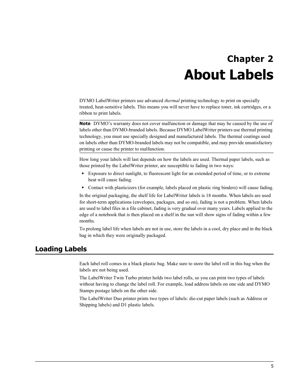 About labels, Loading labels, Chapter 2 | Dymo 450 DUO User Manual | Page 9 / 28