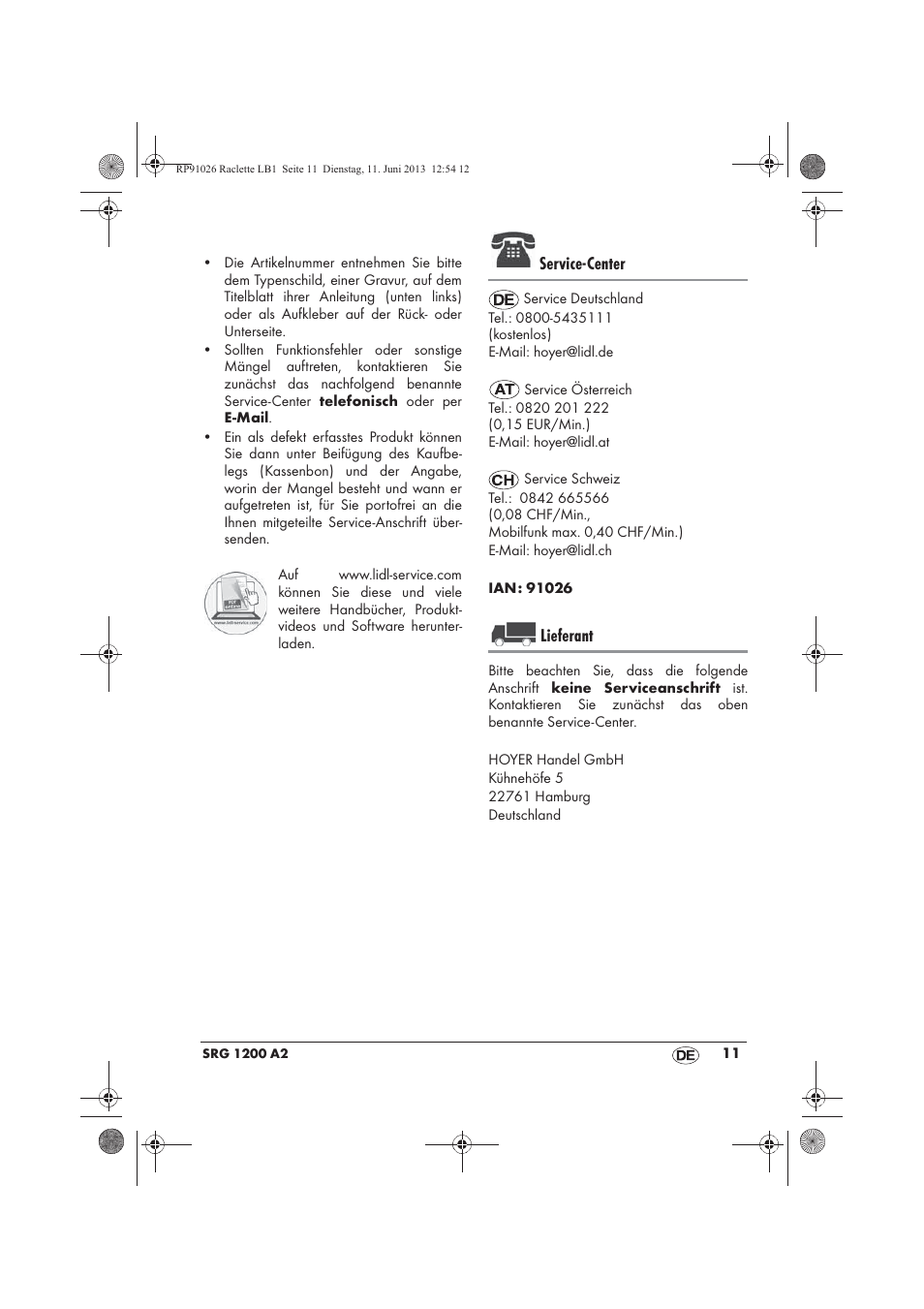 Service-center, Lieferant | Silvercrest SRG 1200 A2 User Manual | Page 13 / 54