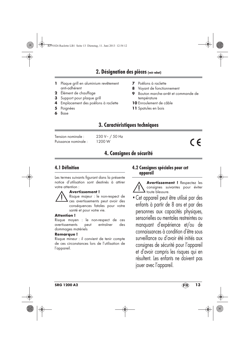 Désignation des pièces, Caractéristiques techniques, Consignes de sécurité | Silvercrest SRG 1200 A2 User Manual | Page 15 / 54