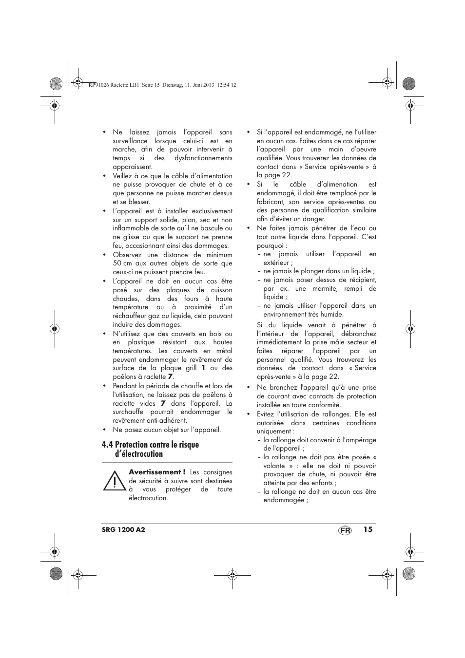 4 protection contre le risque d’électrocution | Silvercrest SRG 1200 A2 User Manual | Page 17 / 54