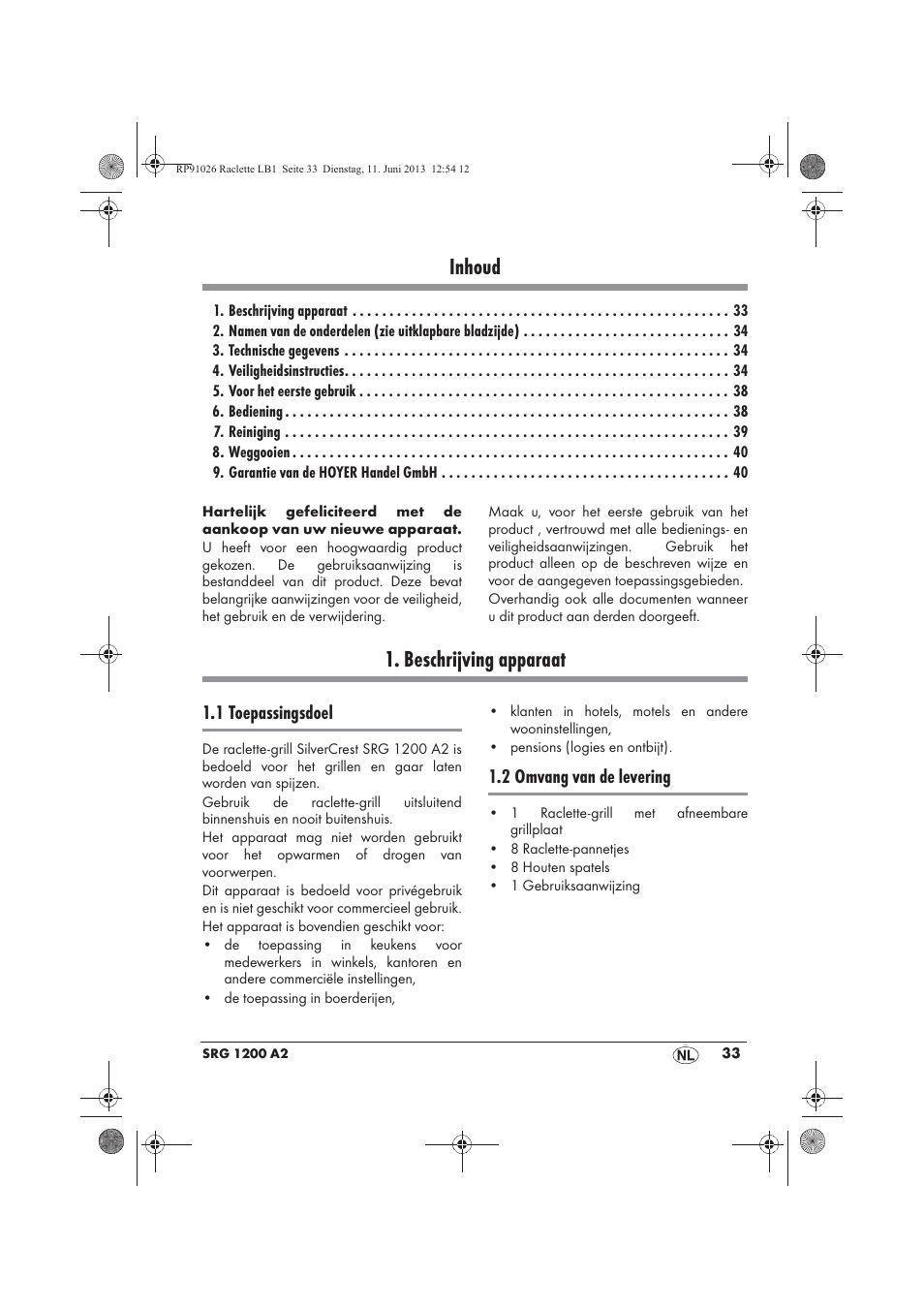 Inhoud, Beschrijving apparaat, 1 toepassingsdoel | 2 omvang van de levering | Silvercrest SRG 1200 A2 User Manual | Page 35 / 54