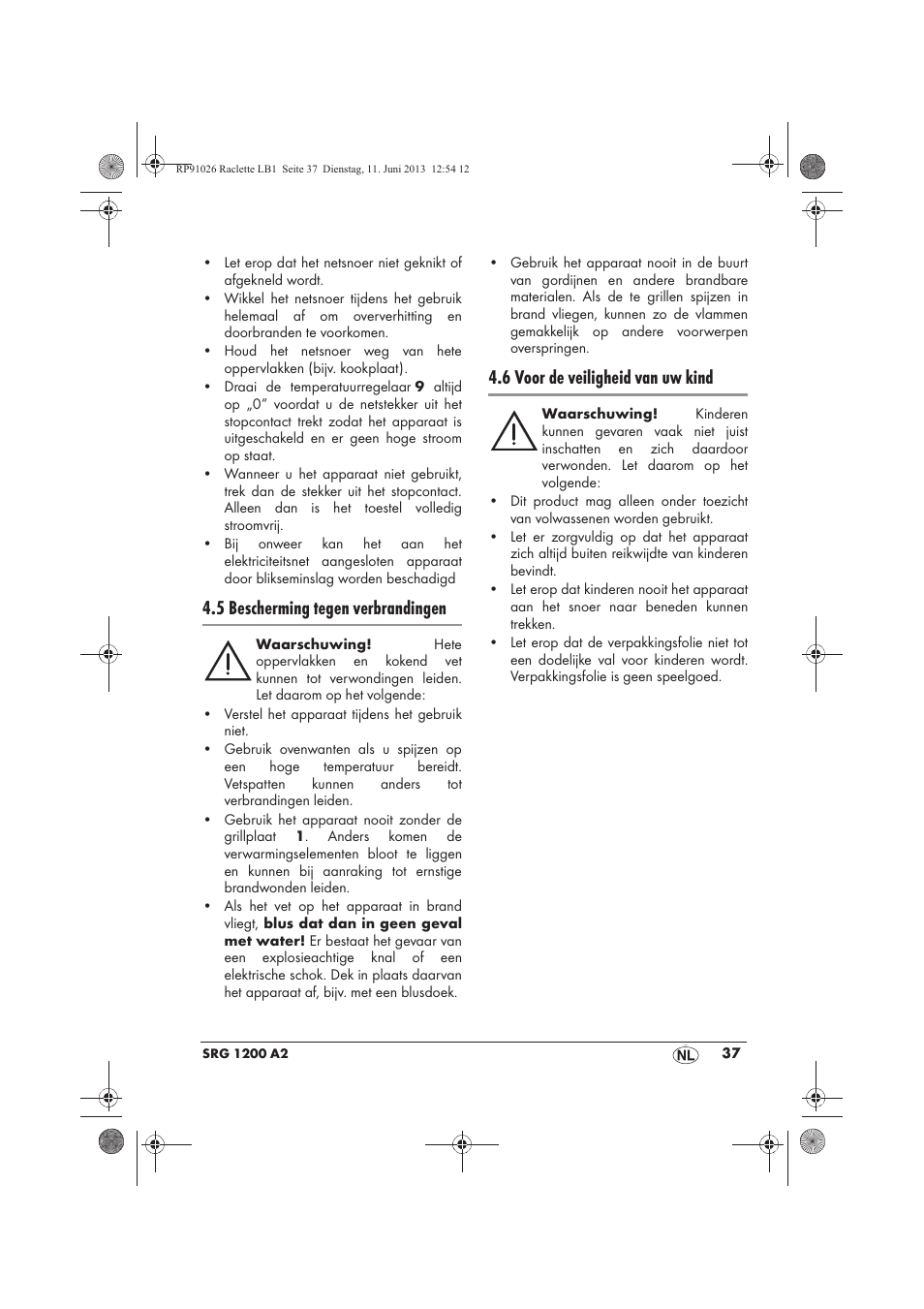 5 bescherming tegen verbrandingen, 6 voor de veiligheid van uw kind | Silvercrest SRG 1200 A2 User Manual | Page 39 / 54