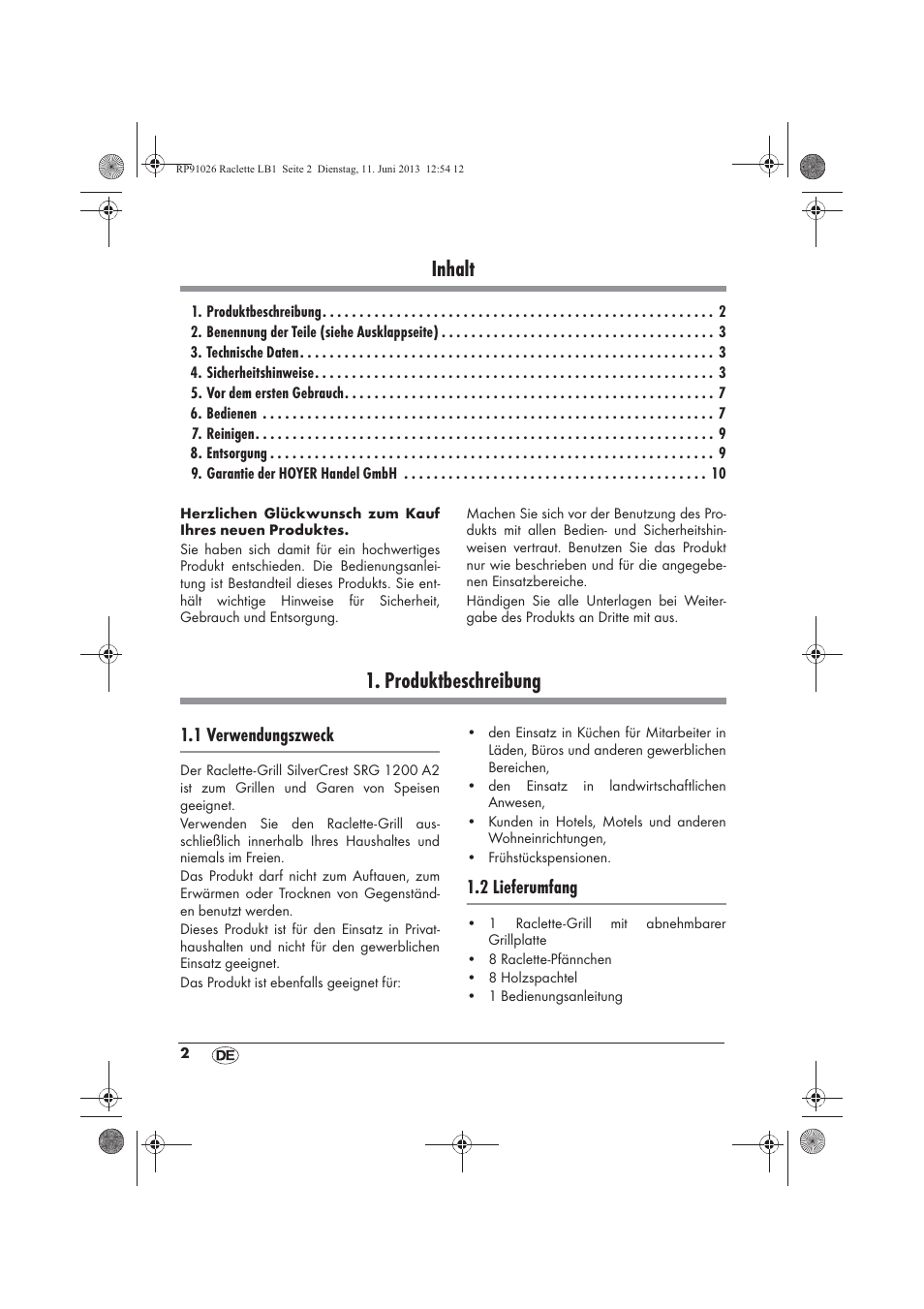 Inhalt, Produktbeschreibung, 1 verwendungszweck | 2 lieferumfang | Silvercrest SRG 1200 A2 User Manual | Page 4 / 54