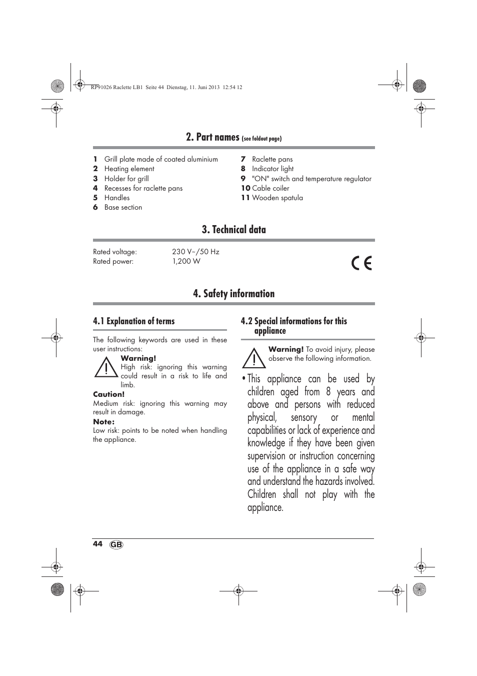 Part names, Technical data, Safety information | Silvercrest SRG 1200 A2 User Manual | Page 46 / 54