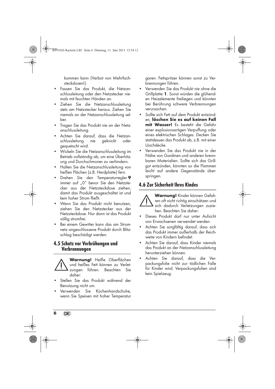 5 schutz vor verbrühungen und verbrennungen, 6 zur sicherheit ihres kindes | Silvercrest SRG 1200 A2 User Manual | Page 8 / 54